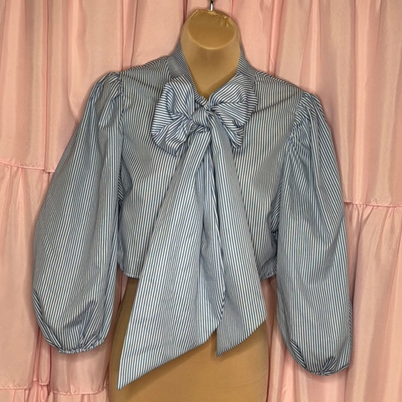 Vintage Puff Sleeve Crop Top with Oversized Bow – Blue & White Stripes – Size L - Picture 1 of 5